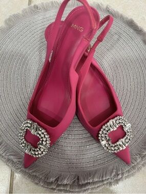 Mango Fuchsia Pointed-Toe Slingback Flats with Crystal Buckle